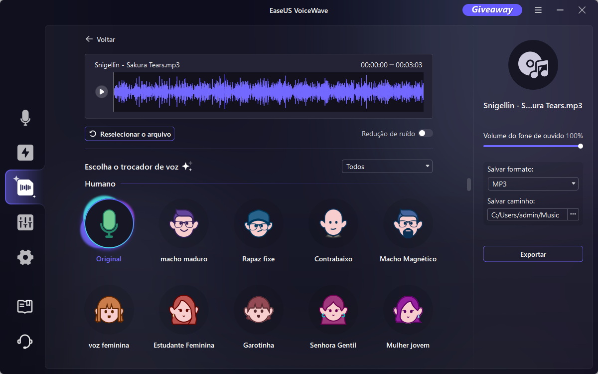 botão de seleção e exportação de easeus-voicewave