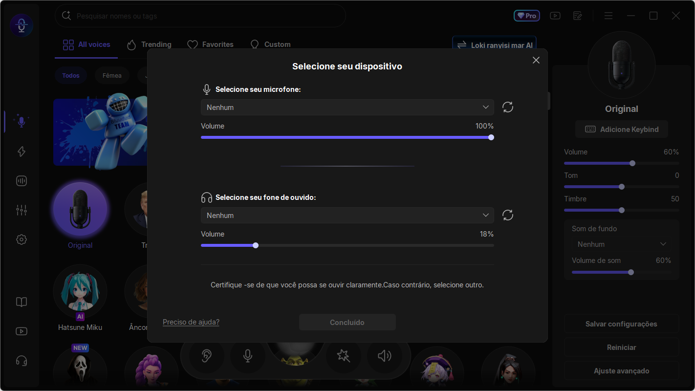 definir a voz de entrada