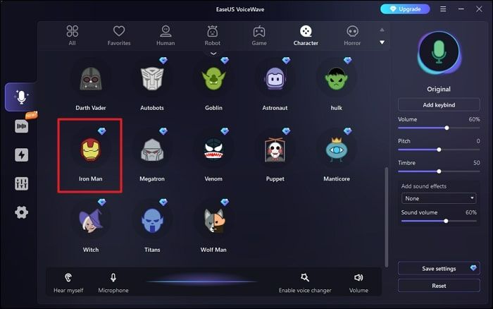 escolha o efeito de voz do homem de ferro