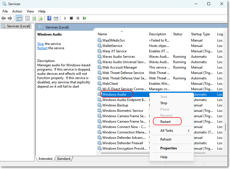 Restart Windows Audio Services