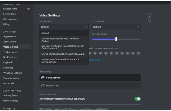 choose voicemod as the default input audio device
