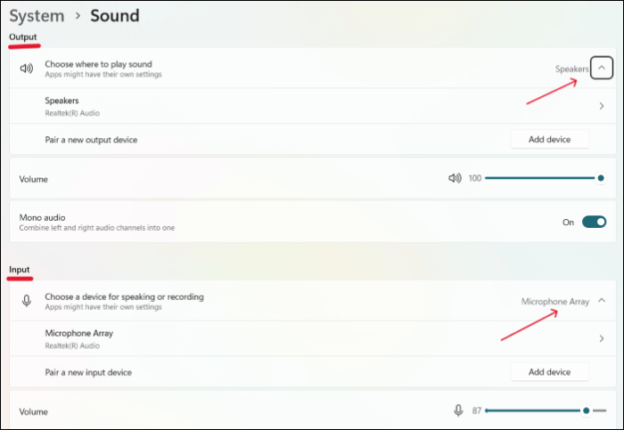 Set default input and output sound devices