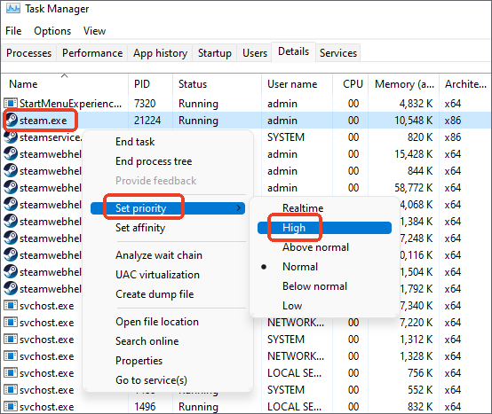 set steam  with high prioroty in task manager
